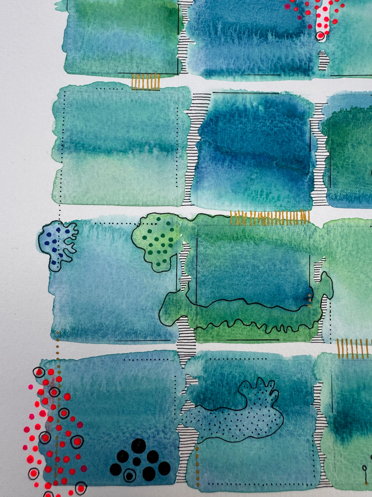 Watercolour painting of fifteen green and blue squares in a grid with soft bleeding edges, red dots, black raised dots, seedling-like pen marks and gold hatching.
