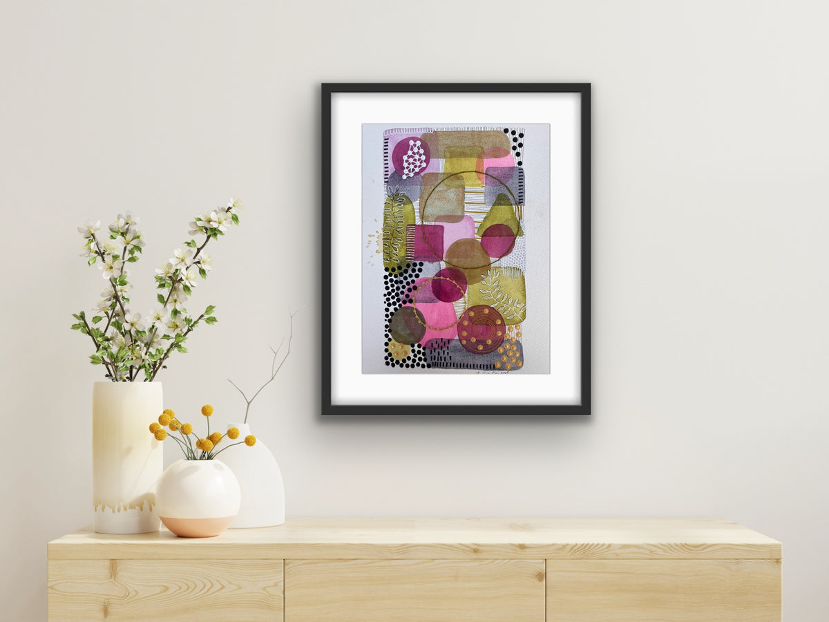 Portrait abstract watercolour of overlapping rounded shapes in raspberry, plum, bright pink, olive, copper and slate grey, crossed by two hand-stitched circles in olive and mustard thread, with gold-dotted rings, white leaf sprigs and fields of black ink dots and lines.