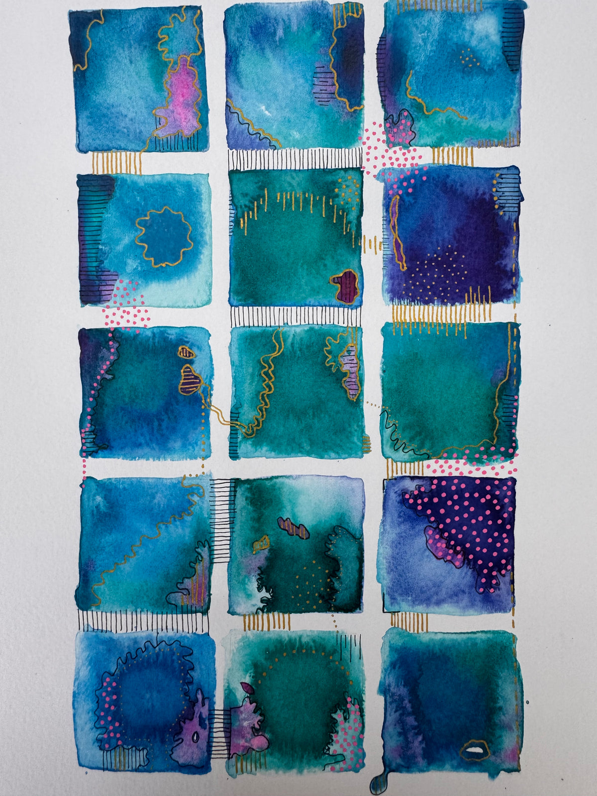 Watercolour painting of fifteen teal, blue and violet squares in a grid, linked by gold lines and black stitched marks, with clusters of pink dots.