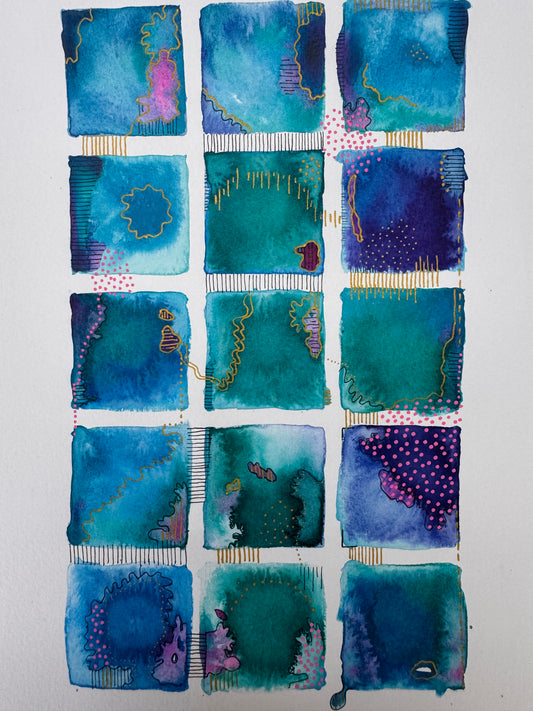 Watercolour painting of fifteen teal, blue and violet squares in a grid, linked by gold lines and black stitched marks, with clusters of pink dots.