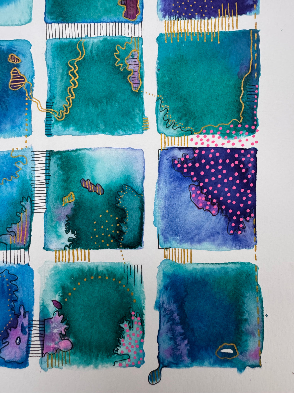 Watercolour painting of fifteen teal, blue and violet squares in a grid, linked by gold lines and black stitched marks, with clusters of pink dots.