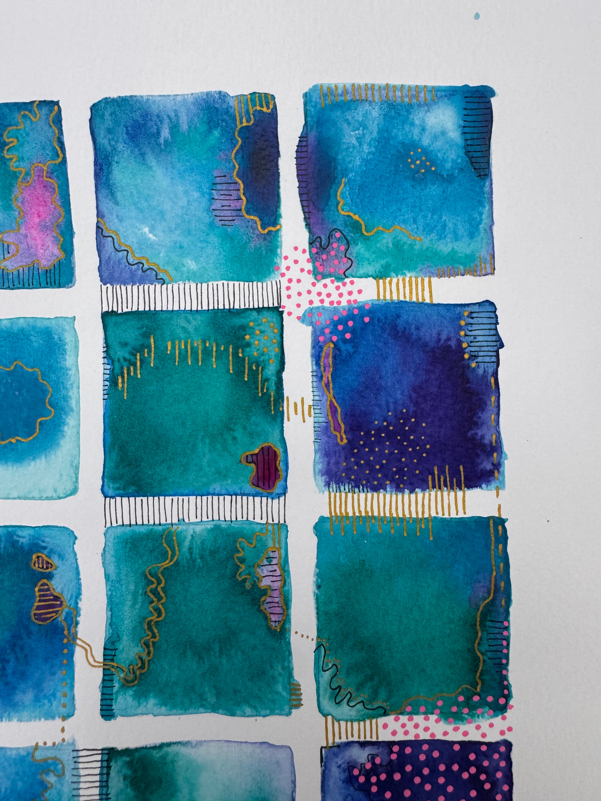 Watercolour painting of fifteen teal, blue and violet squares in a grid, linked by gold lines and black stitched marks, with clusters of pink dots.
