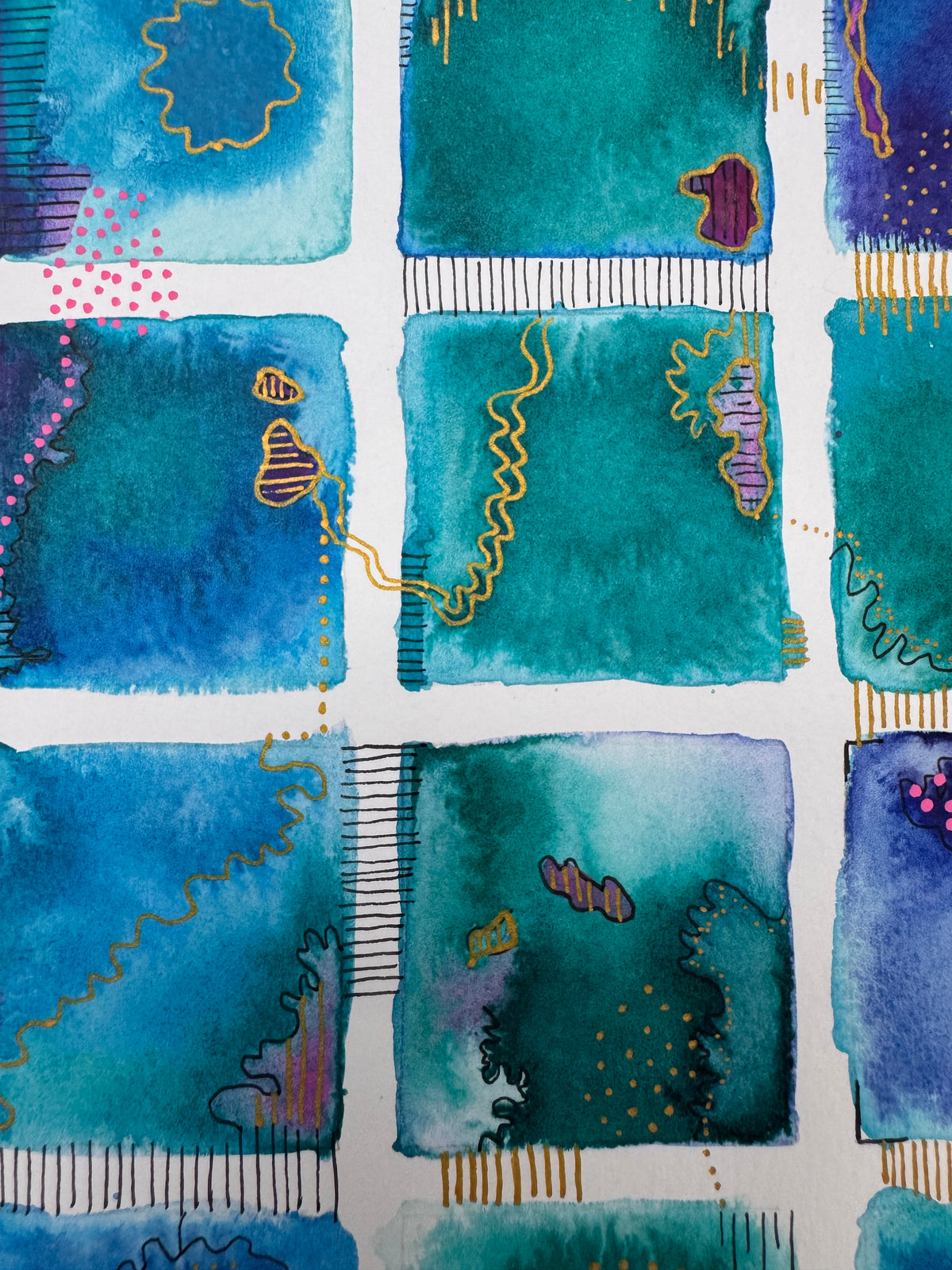 Watercolour painting of fifteen teal, blue and violet squares in a grid, linked by gold lines and black stitched marks, with clusters of pink dots.