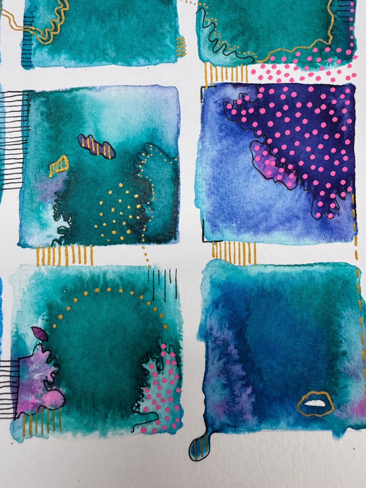 Watercolour painting of fifteen teal, blue and violet squares in a grid, linked by gold lines and black stitched marks, with clusters of pink dots.