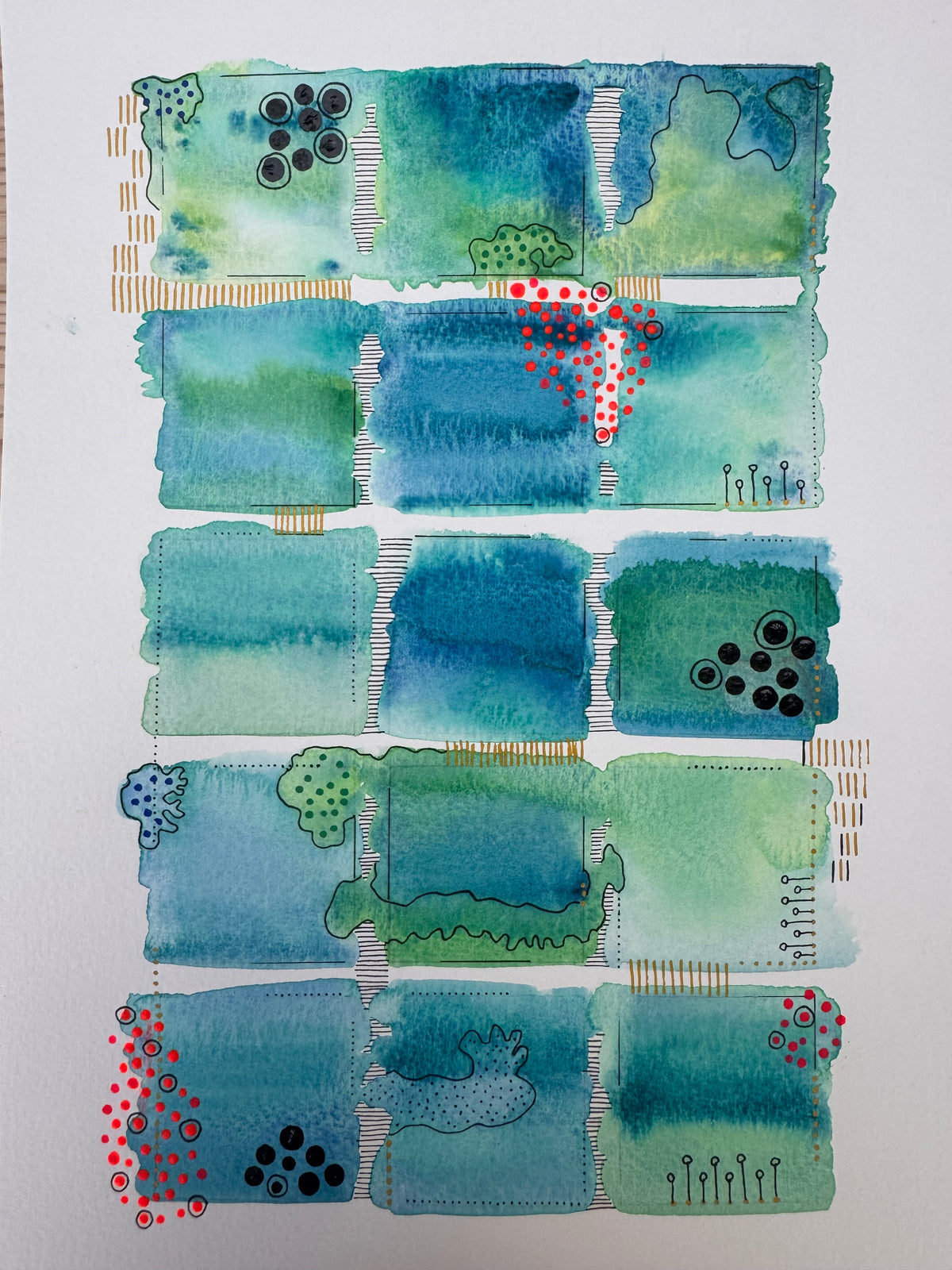 Watercolour painting of fifteen green and blue squares in a grid with soft bleeding edges, red dots, black raised dots, seedling-like pen marks and gold hatching.
