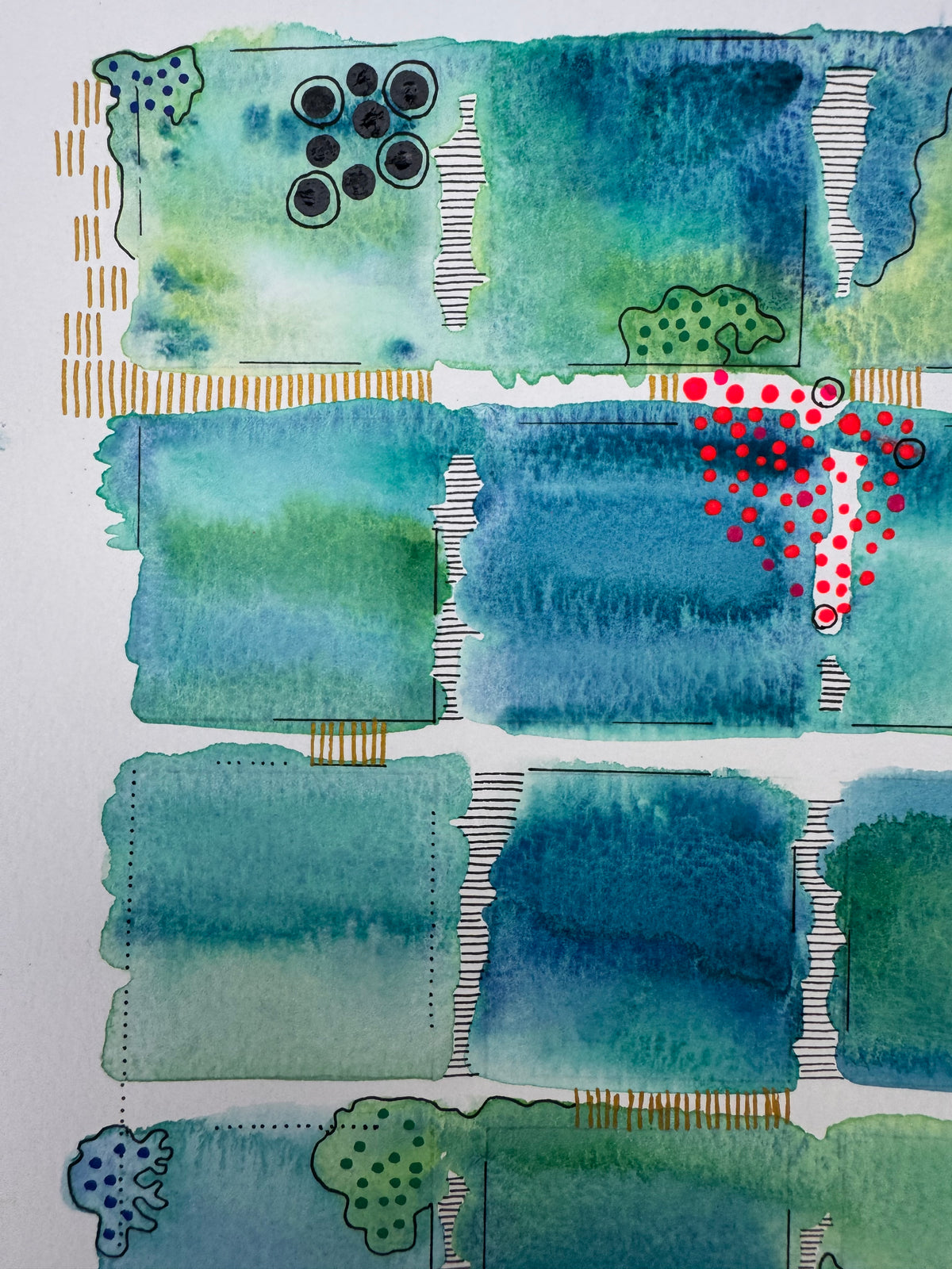 Watercolour painting of fifteen green and blue squares in a grid with soft bleeding edges, red dots, black raised dots, seedling-like pen marks and gold hatching.