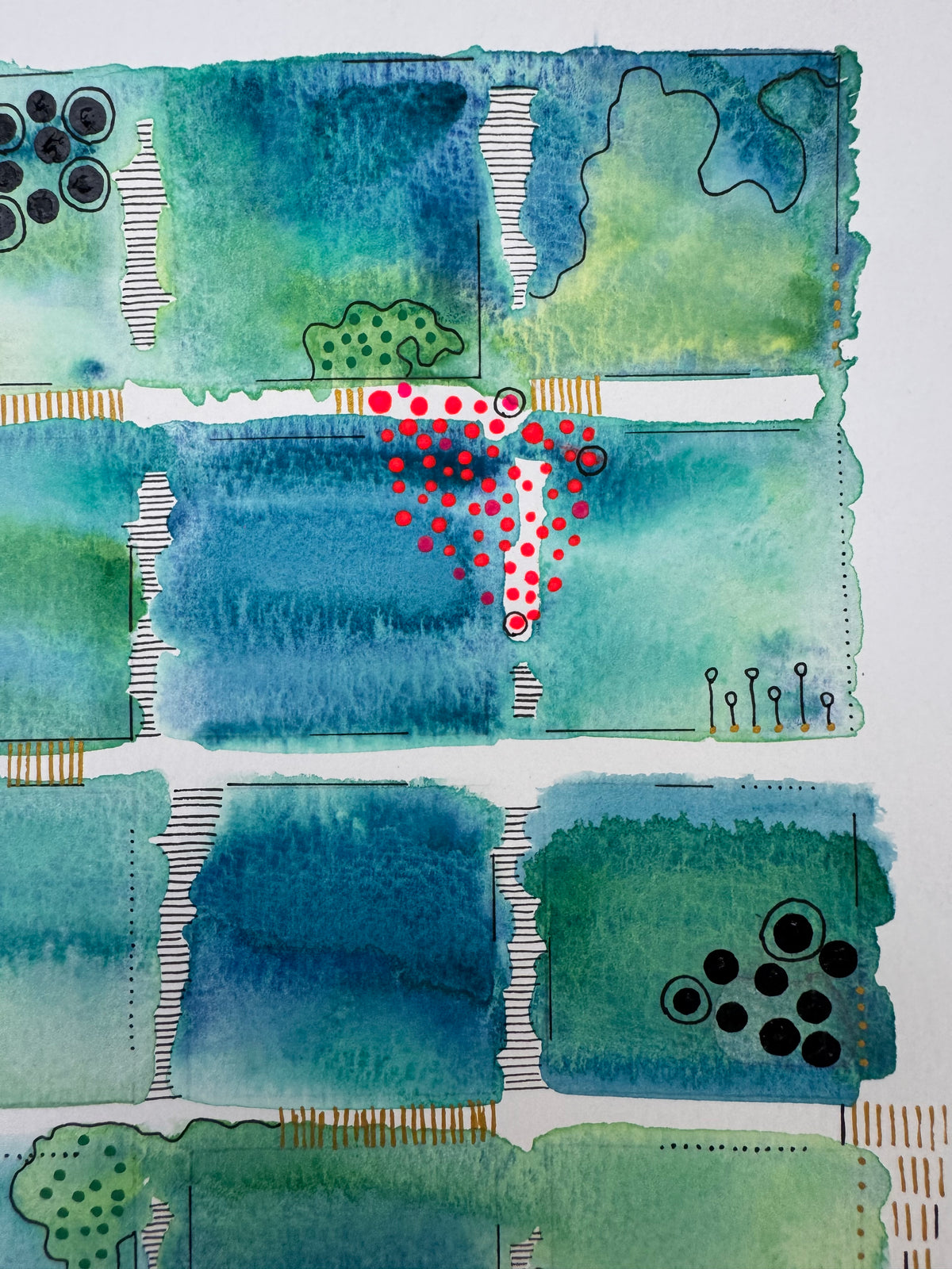 Watercolour painting of fifteen green and blue squares in a grid with soft bleeding edges, red dots, black raised dots, seedling-like pen marks and gold hatching.