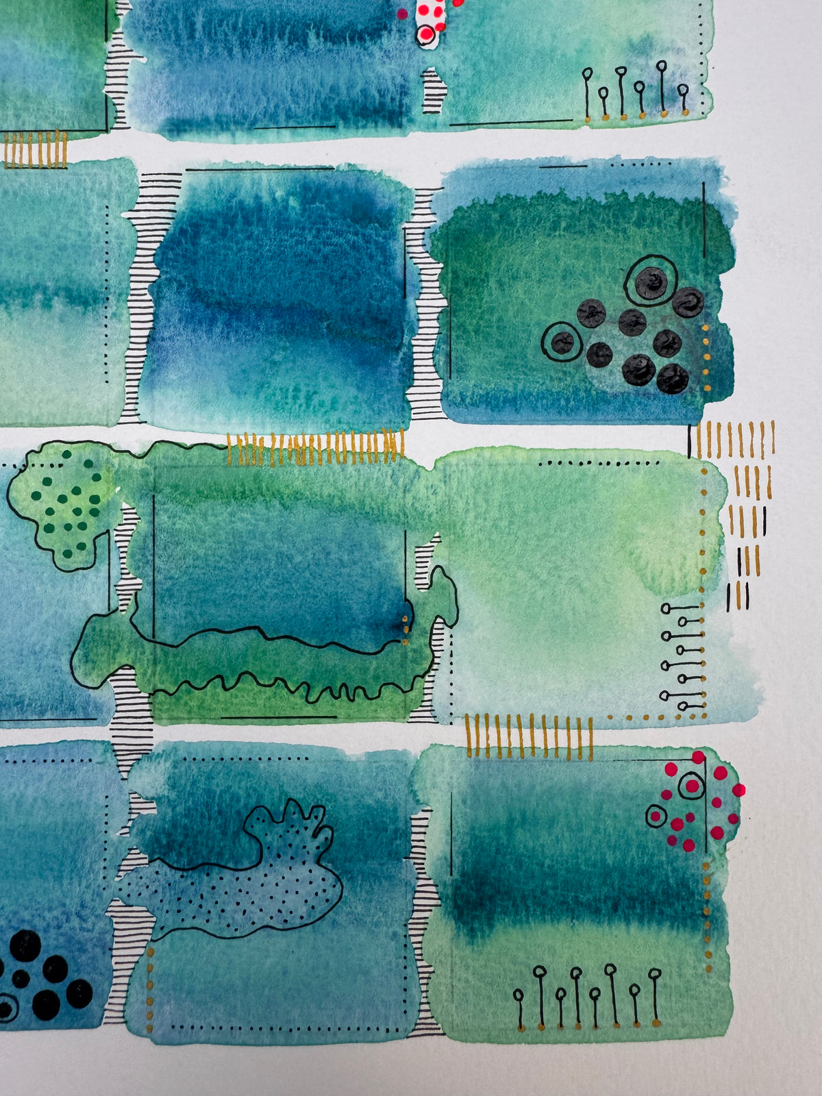 Watercolour painting of fifteen green and blue squares in a grid with soft bleeding edges, red dots, black raised dots, seedling-like pen marks and gold hatching.