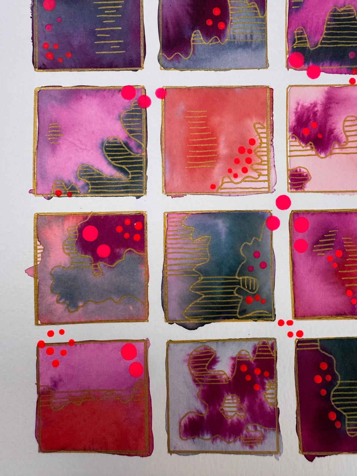 Watercolour painting of fifteen magenta, plum, coral and slate squares in a grid, each outlined in gold, with gold-striped contour shapes and bright pink dots.