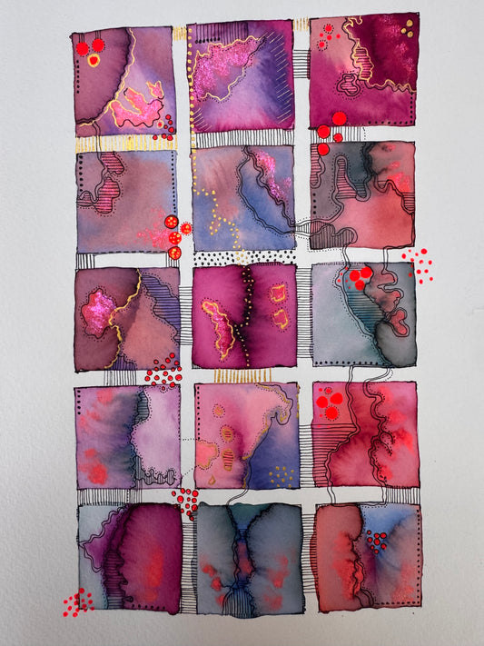 Watercolour painting of fifteen plum, magenta, violet and coral squares in a grid, linked by flowing black pen contours, with shimmering pink areas, gold lines and red dots.