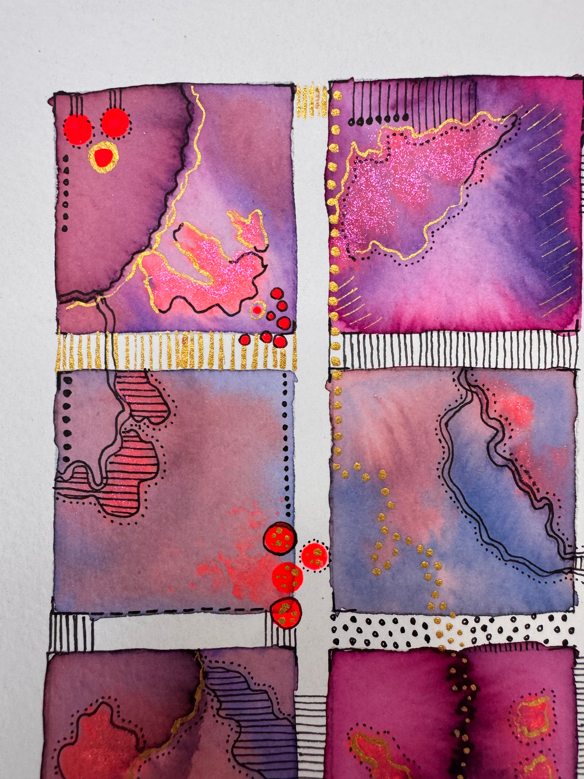 Watercolour painting of fifteen plum, magenta, violet and coral squares in a grid, linked by flowing black pen contours, with shimmering pink areas, gold lines and red dots.