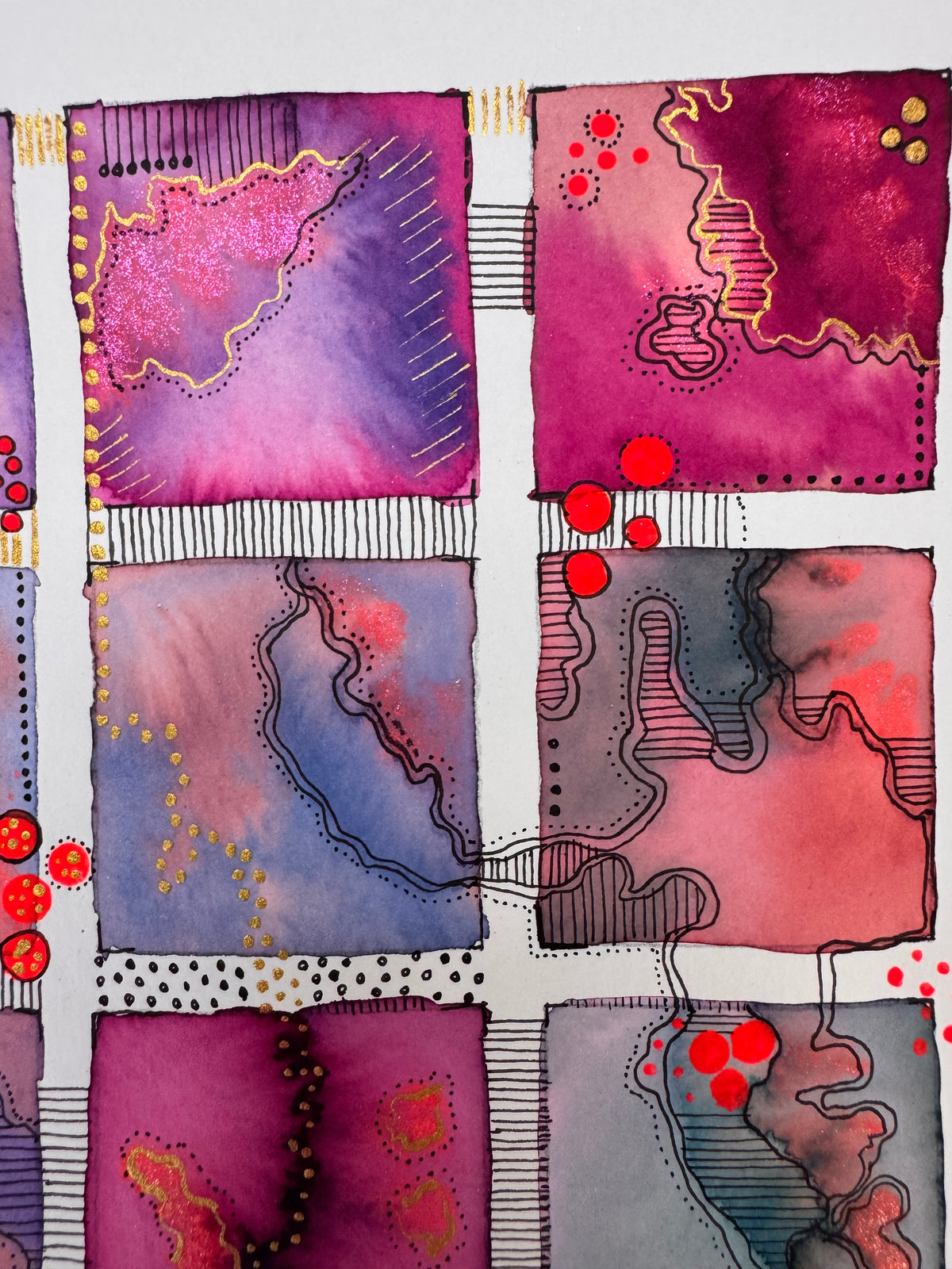 Watercolour painting of fifteen plum, magenta, violet and coral squares in a grid, linked by flowing black pen contours, with shimmering pink areas, gold lines and red dots.