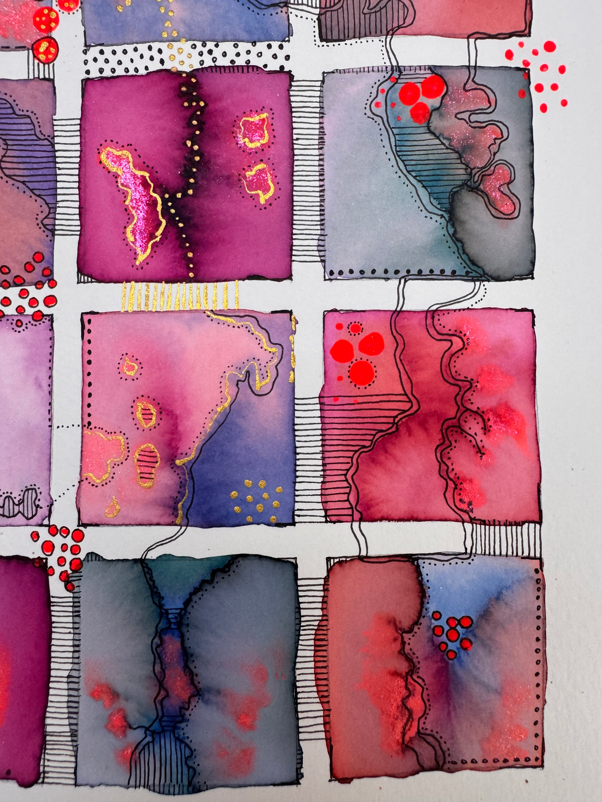 Watercolour painting of fifteen plum, magenta, violet and coral squares in a grid, linked by flowing black pen contours, with shimmering pink areas, gold lines and red dots.