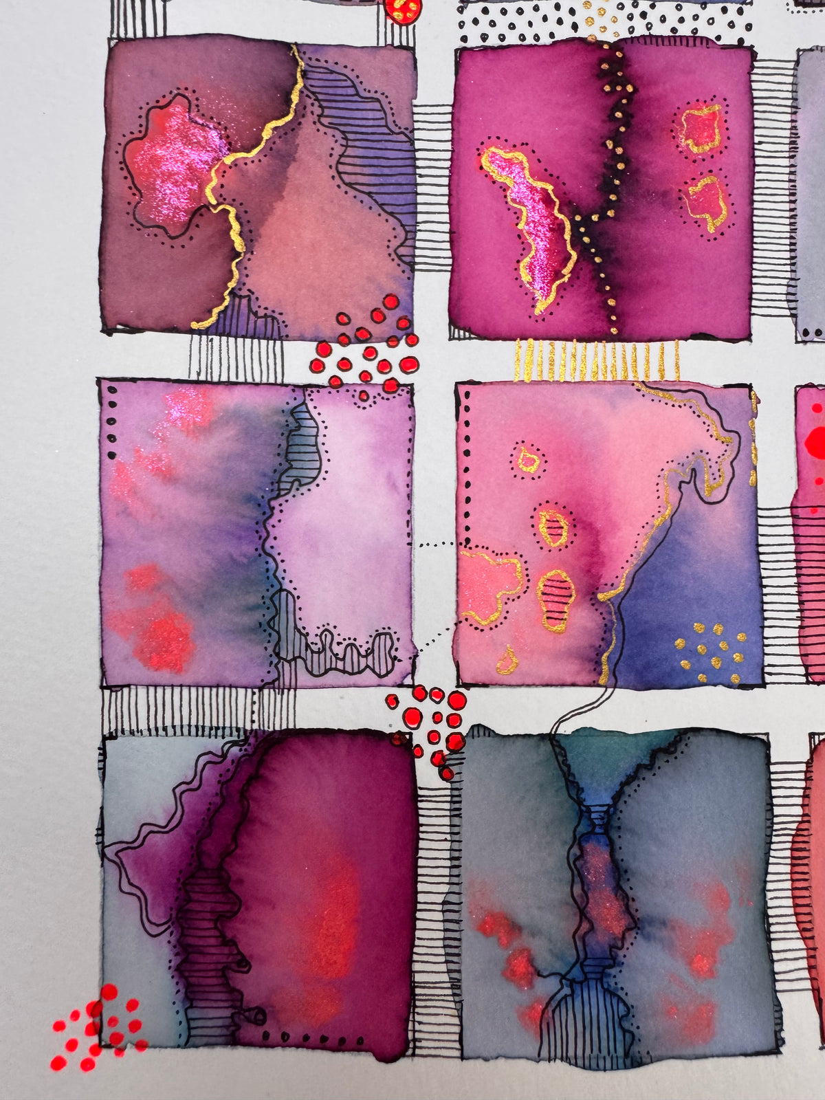 Watercolour painting of fifteen plum, magenta, violet and coral squares in a grid, linked by flowing black pen contours, with shimmering pink areas, gold lines and red dots.
