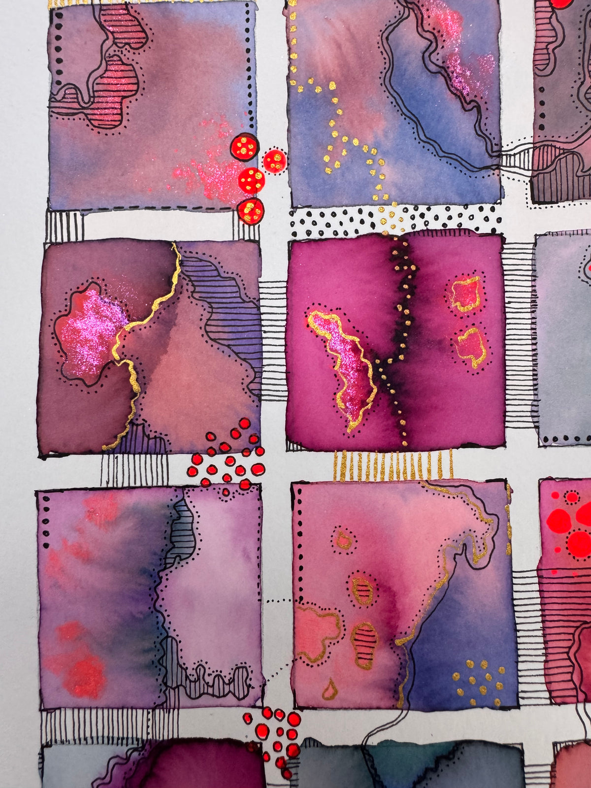 Watercolour painting of fifteen plum, magenta, violet and coral squares in a grid, linked by flowing black pen contours, with shimmering pink areas, gold lines and red dots.