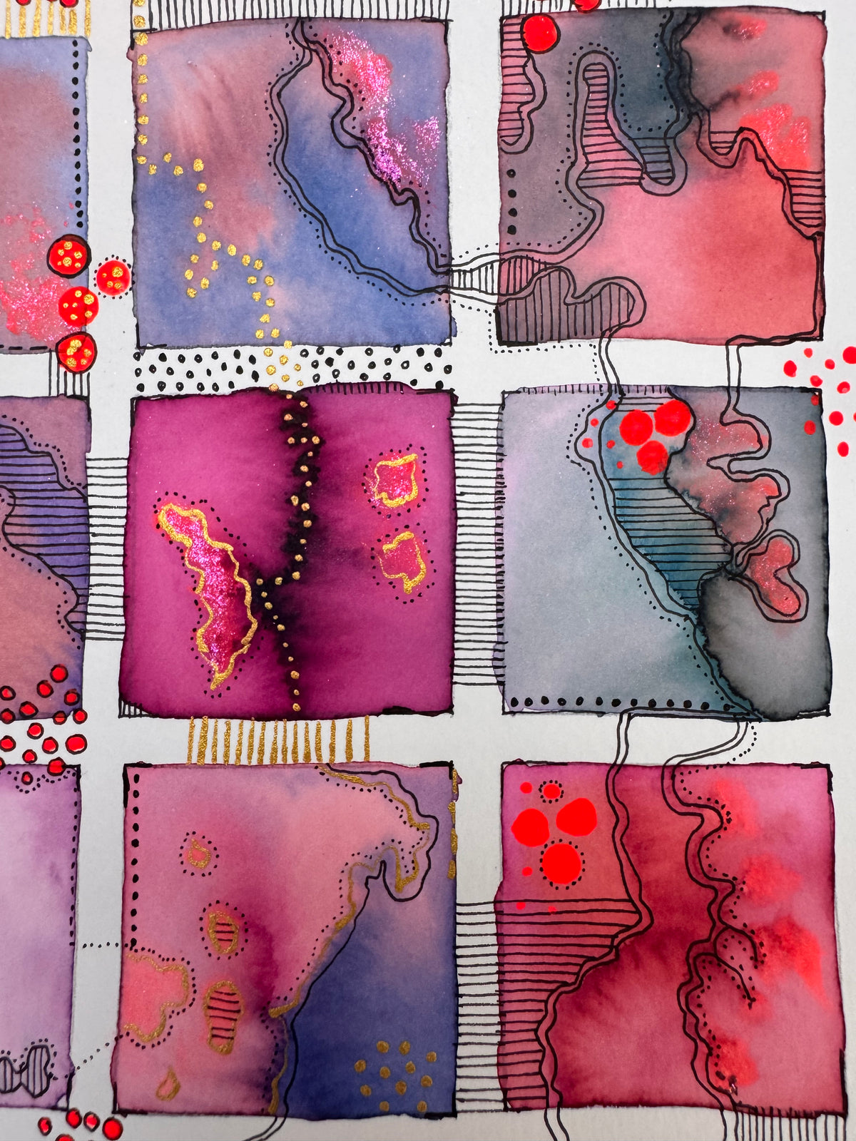 Watercolour painting of fifteen plum, magenta, violet and coral squares in a grid, linked by flowing black pen contours, with shimmering pink areas, gold lines and red dots.