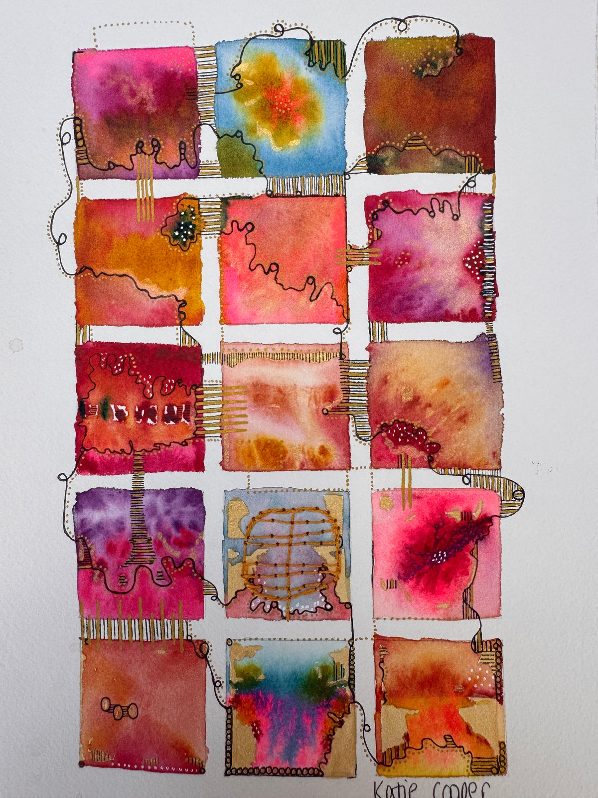 Watercolour painting of fifteen hot pink, orange, crimson and blue squares in a grid, linked by a looping black line and gold dots, with gold patches and a hand-stitched ochre thread grid in the centre square.