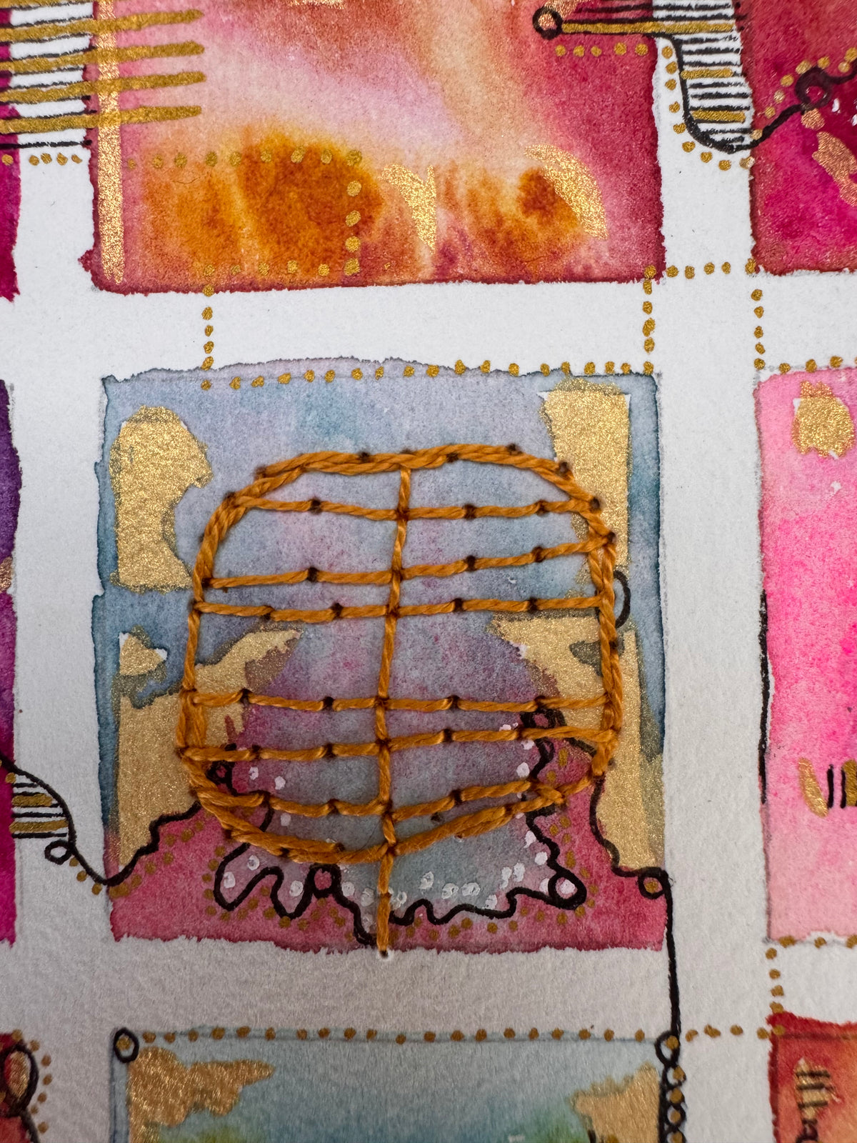 Watercolour painting of fifteen hot pink, orange, crimson and blue squares in a grid, linked by a looping black line and gold dots, with gold patches and a hand-stitched ochre thread grid in the centre square.
