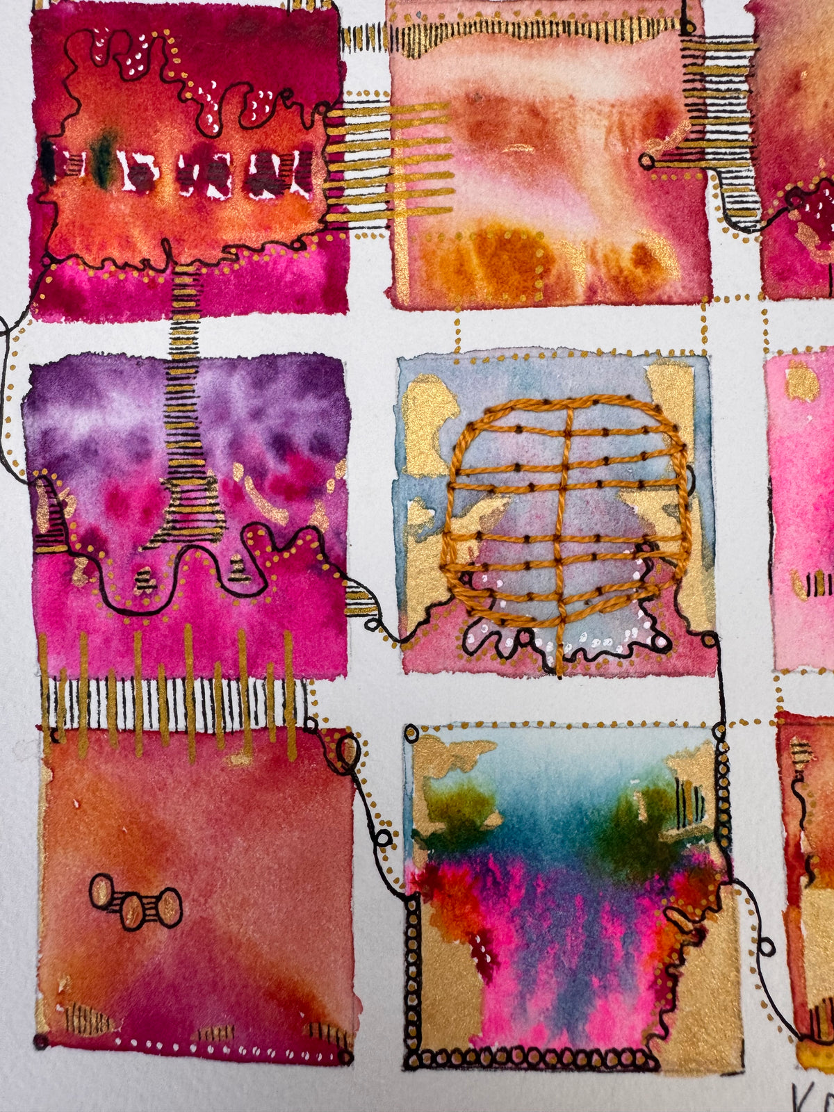 Watercolour painting of fifteen hot pink, orange, crimson and blue squares in a grid, linked by a looping black line and gold dots, with gold patches and a hand-stitched ochre thread grid in the centre square.