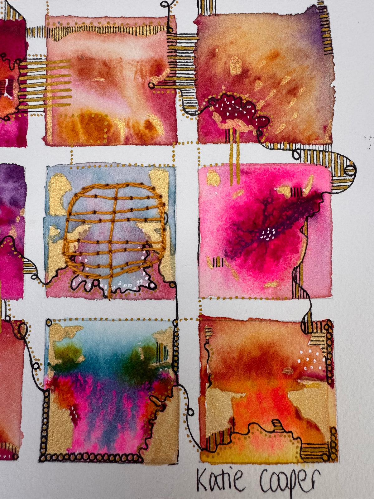Watercolour painting of fifteen hot pink, orange, crimson and blue squares in a grid, linked by a looping black line and gold dots, with gold patches and a hand-stitched ochre thread grid in the centre square.