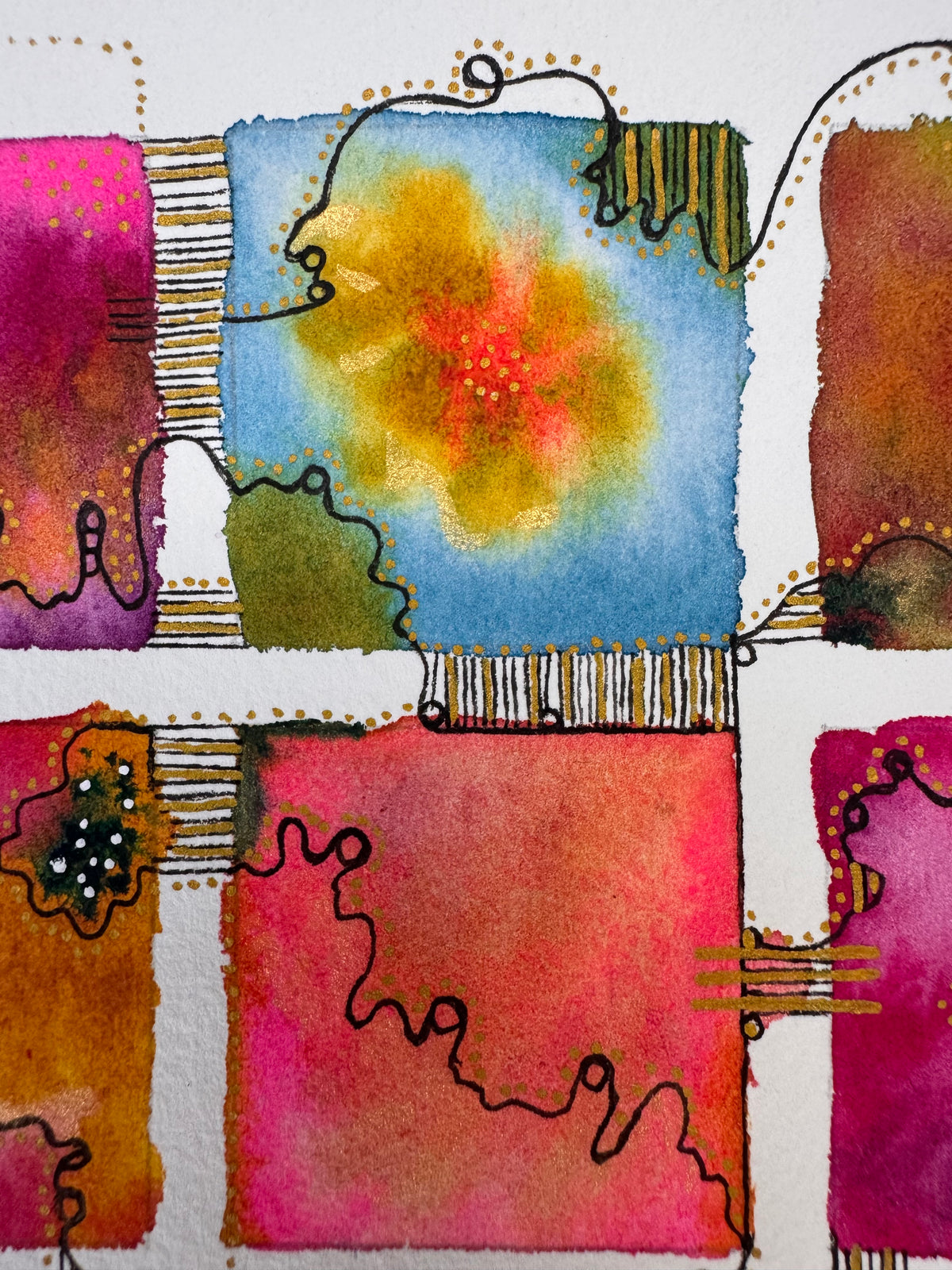 Watercolour painting of fifteen hot pink, orange, crimson and blue squares in a grid, linked by a looping black line and gold dots, with gold patches and a hand-stitched ochre thread grid in the centre square.