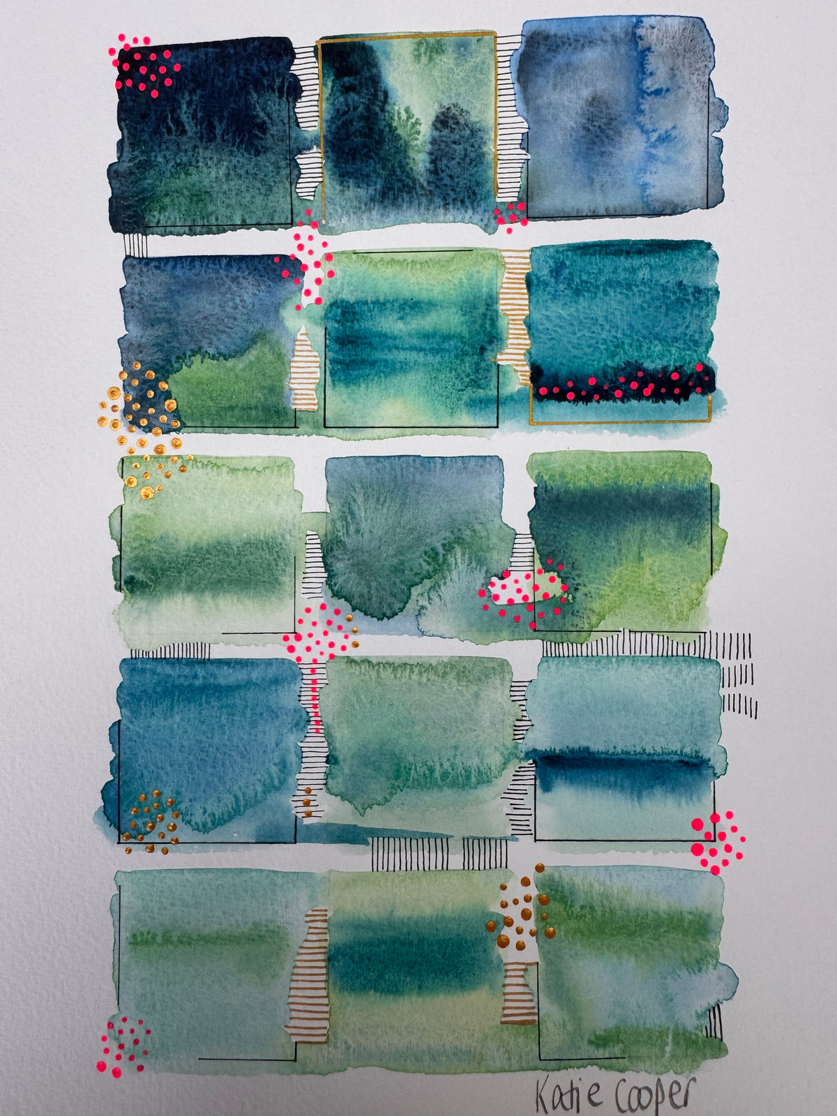 Watercolour painting of fifteen green, teal and blue squares in a loose grid with soft bleeding edges, fine black corner lines, two gold-edged squares, and clusters of bright pink and gold dots.