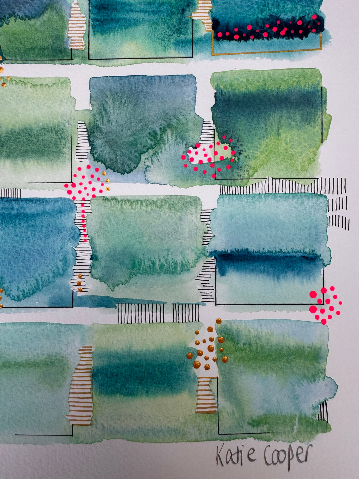 Watercolour painting of fifteen green, teal and blue squares in a loose grid with soft bleeding edges, fine black corner lines, two gold-edged squares, and clusters of bright pink and gold dots.