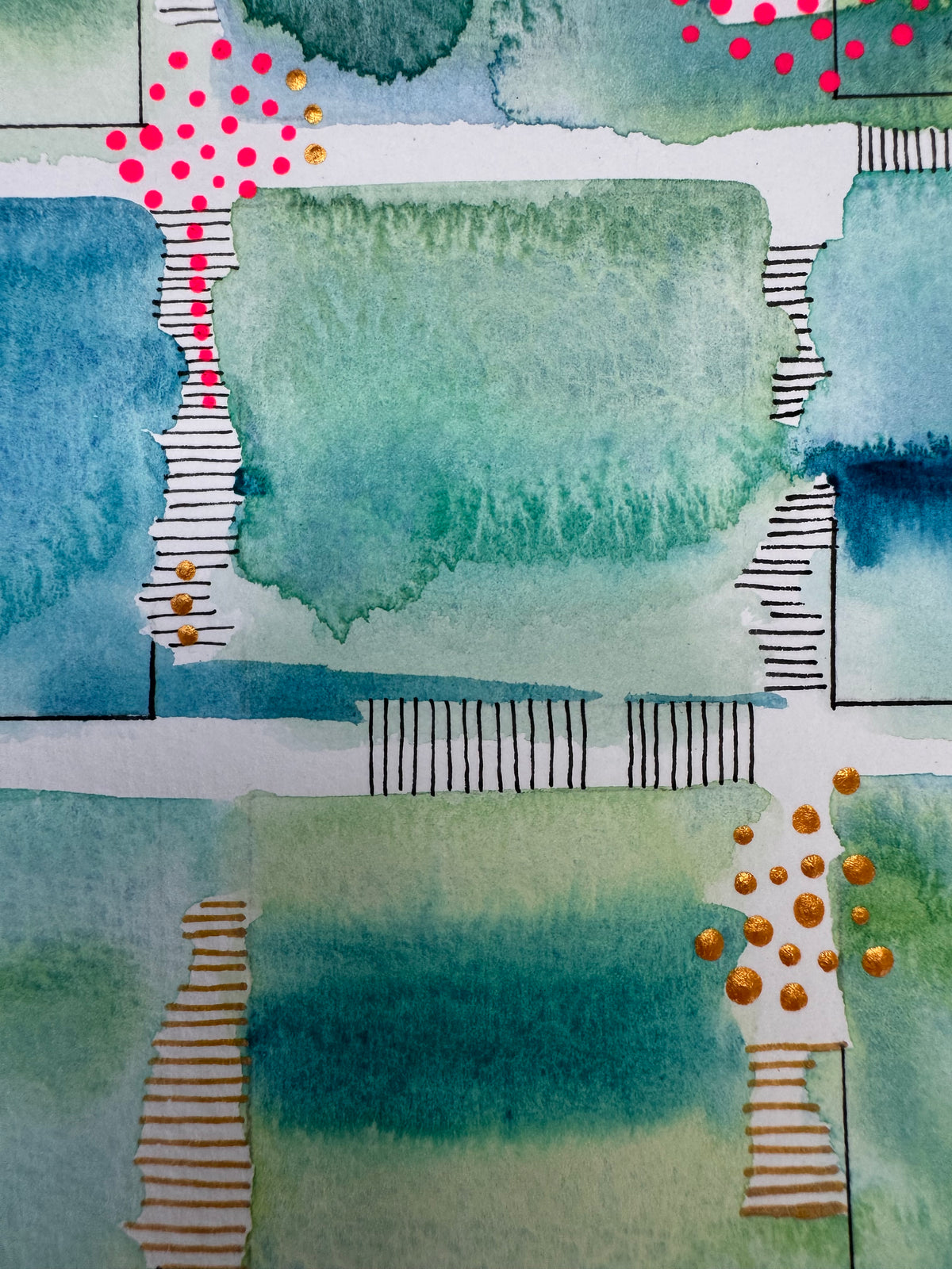 Watercolour painting of fifteen green, teal and blue squares in a loose grid with soft bleeding edges, fine black corner lines, two gold-edged squares, and clusters of bright pink and gold dots.