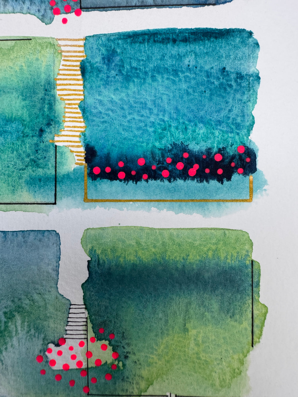Watercolour painting of fifteen green, teal and blue squares in a loose grid with soft bleeding edges, fine black corner lines, two gold-edged squares, and clusters of bright pink and gold dots.