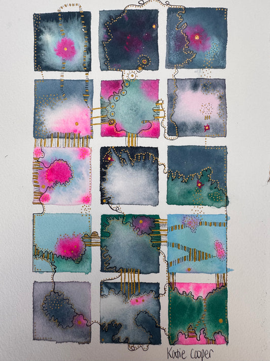 Watercolour painting of fifteen indigo, slate, sky blue and emerald squares in a grid, with glowing hot pink blooms, gold dotted contours, a looping black line and gold-striped links between squares.