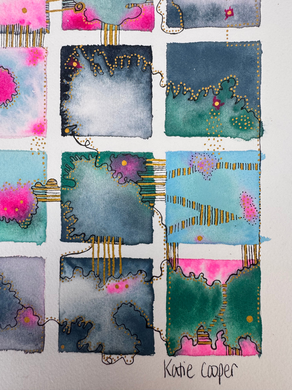 Watercolour painting of fifteen indigo, slate, sky blue and emerald squares in a grid, with glowing hot pink blooms, gold dotted contours, a looping black line and gold-striped links between squares.