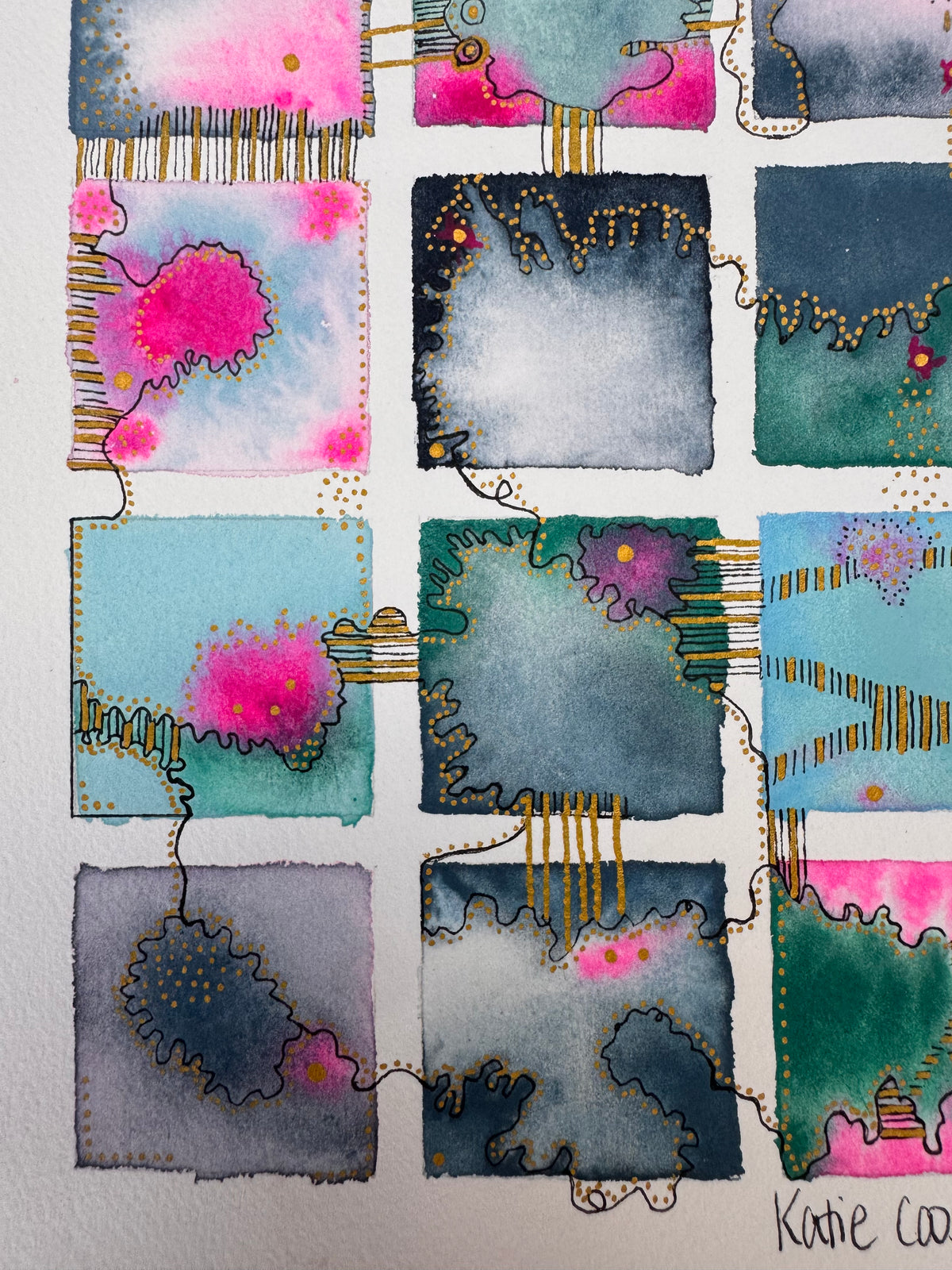 Watercolour painting of fifteen indigo, slate, sky blue and emerald squares in a grid, with glowing hot pink blooms, gold dotted contours, a looping black line and gold-striped links between squares.