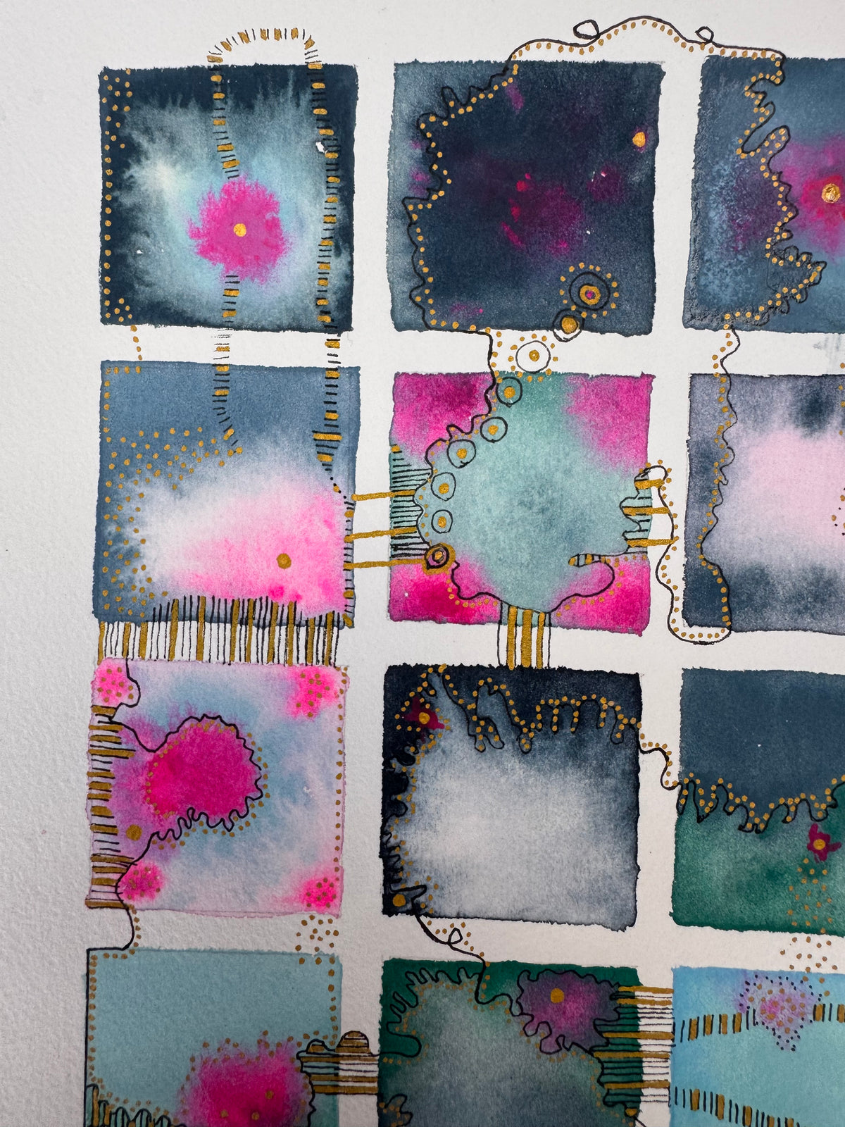 Watercolour painting of fifteen indigo, slate, sky blue and emerald squares in a grid, with glowing hot pink blooms, gold dotted contours, a looping black line and gold-striped links between squares.