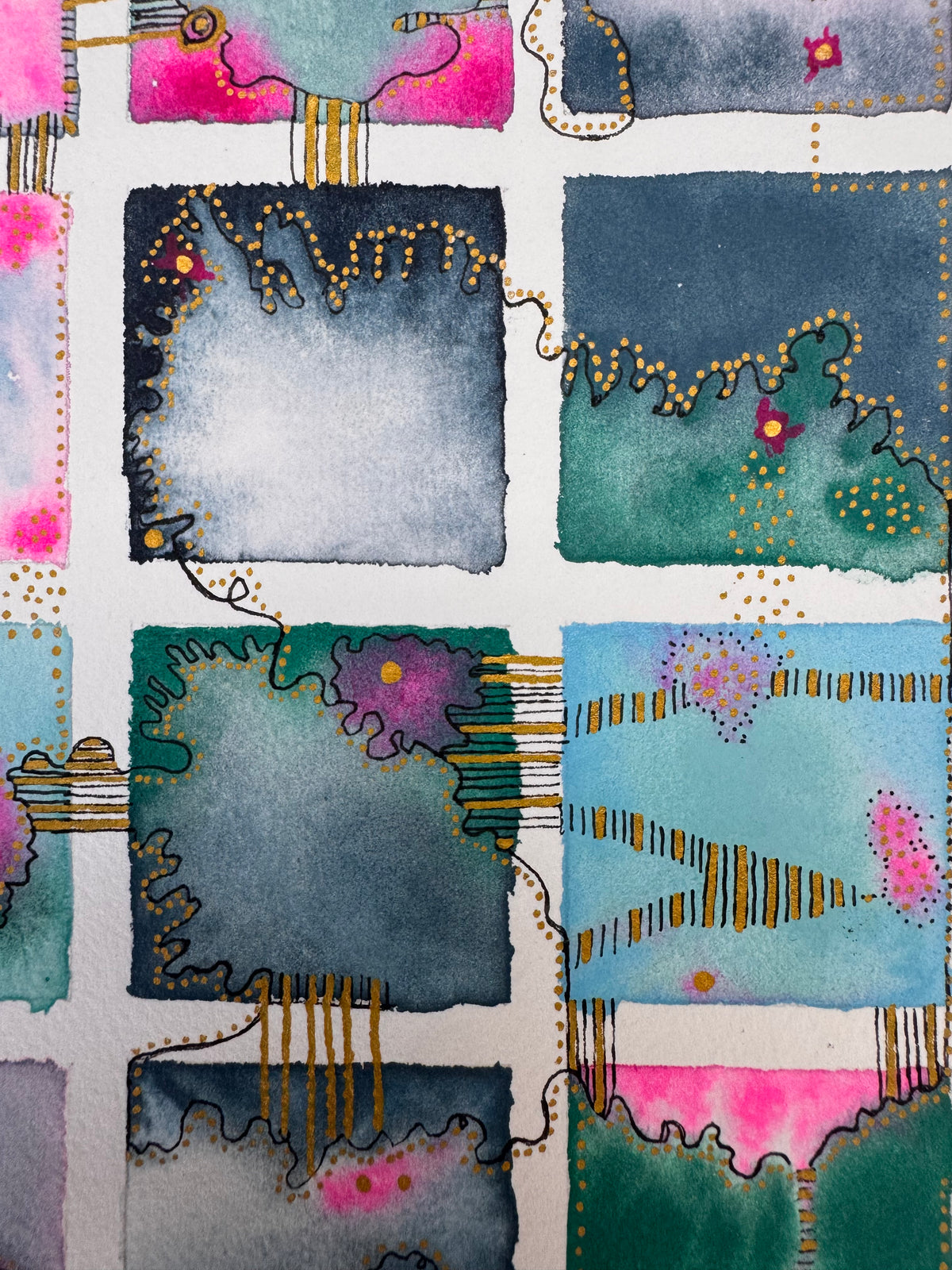 Watercolour painting of fifteen indigo, slate, sky blue and emerald squares in a grid, with glowing hot pink blooms, gold dotted contours, a looping black line and gold-striped links between squares.