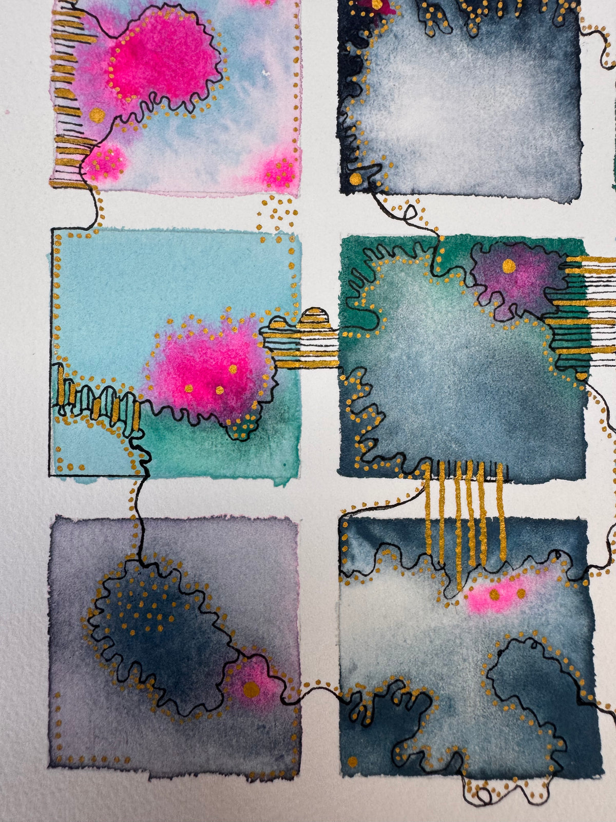 Watercolour painting of fifteen indigo, slate, sky blue and emerald squares in a grid, with glowing hot pink blooms, gold dotted contours, a looping black line and gold-striped links between squares.