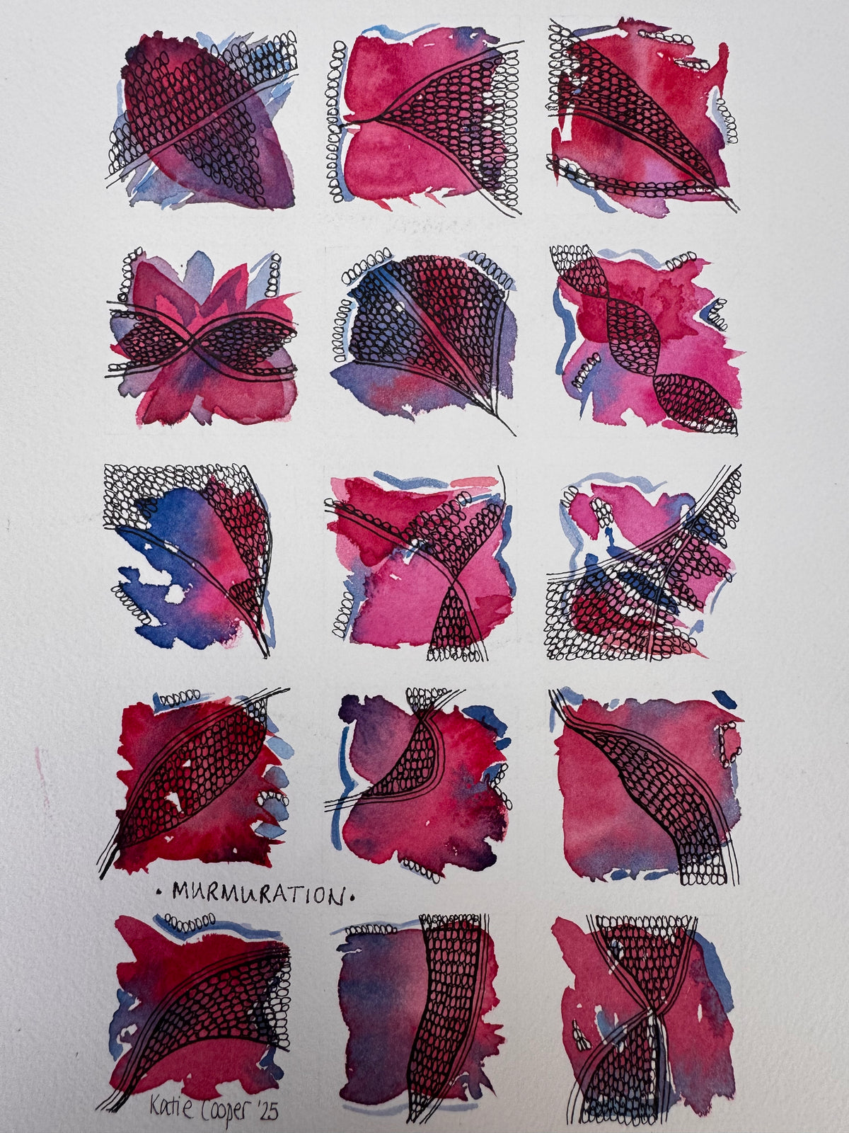 Life In Squares, A4, pink, magenta, purple, blue, watercolour, ink, original, unframed