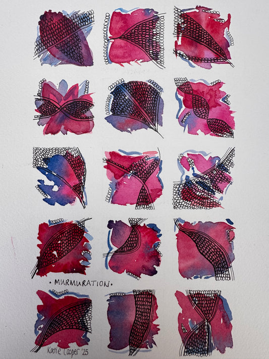 Life In Squares, A4, pink, magenta, purple, blue, watercolour, ink, original, unframed