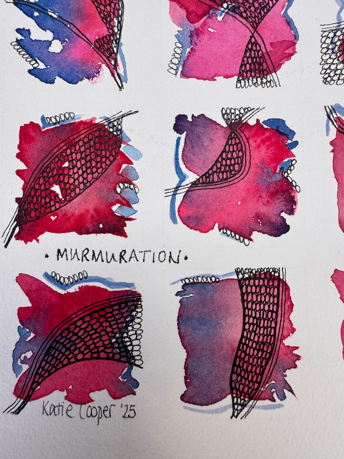 Life In Squares, A4, pink, magenta, purple, blue, watercolour, ink, original, unframed