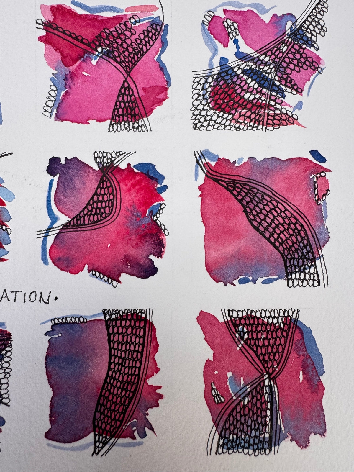 Life In Squares, A4, pink, magenta, purple, blue, watercolour, ink, original, unframed