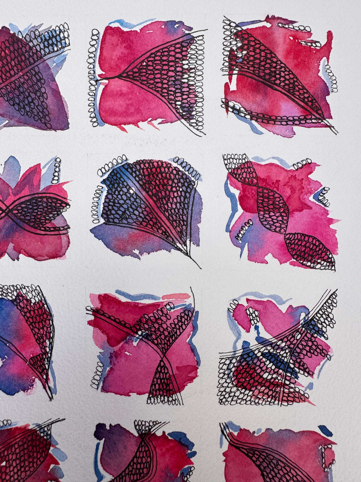 Life In Squares, A4, pink, magenta, purple, blue, watercolour, ink, original, unframed
