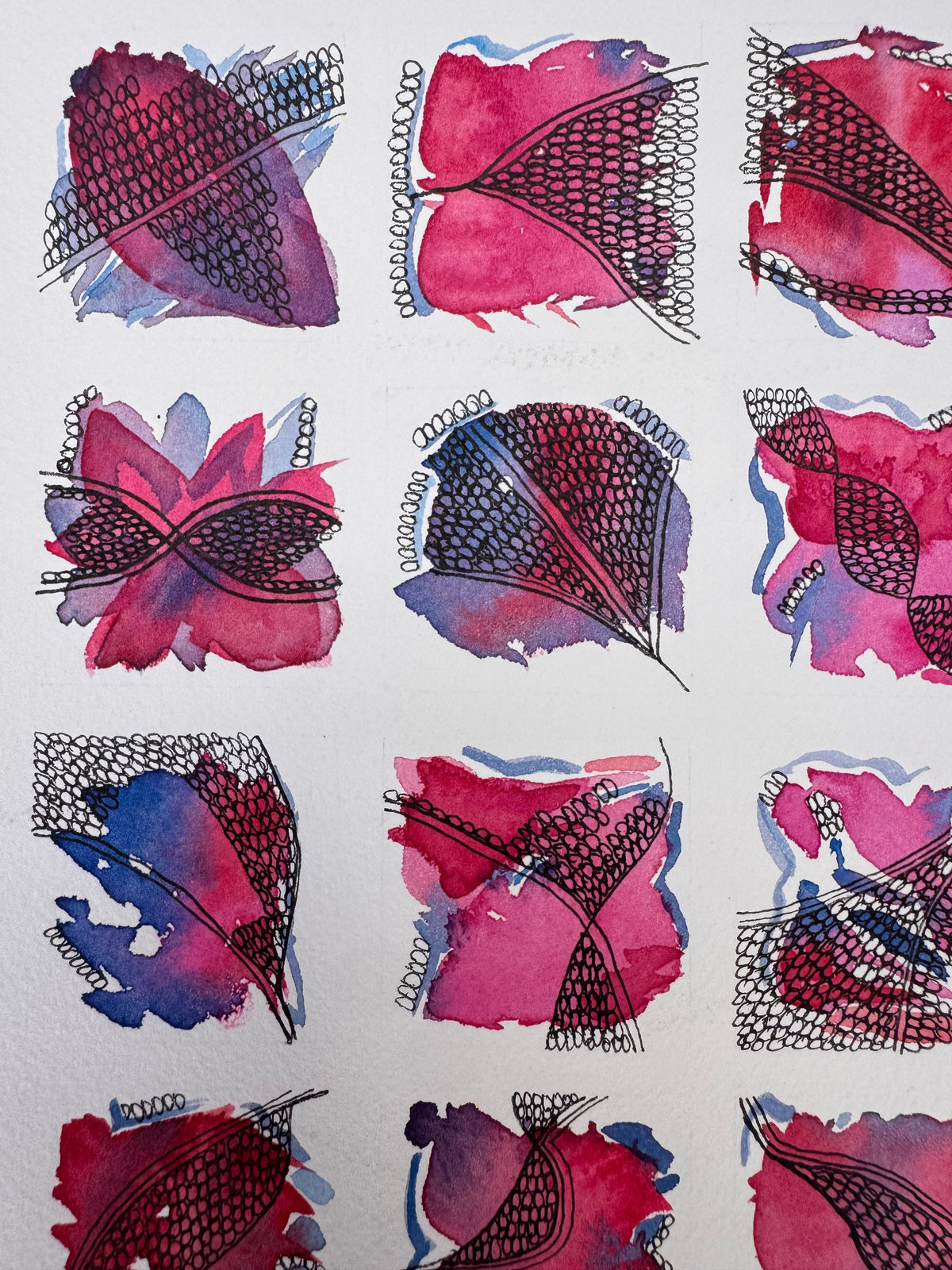 Life In Squares, A4, pink, magenta, purple, blue, watercolour, ink, original, unframed