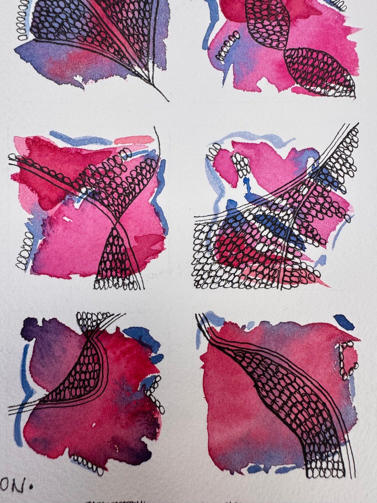 Life In Squares, A4, pink, magenta, purple, blue, watercolour, ink, original, unframed