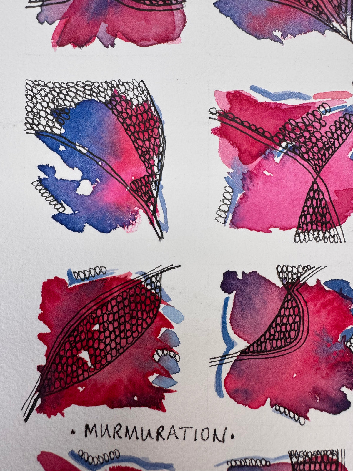 Life In Squares, A4, pink, magenta, purple, blue, watercolour, ink, original, unframed