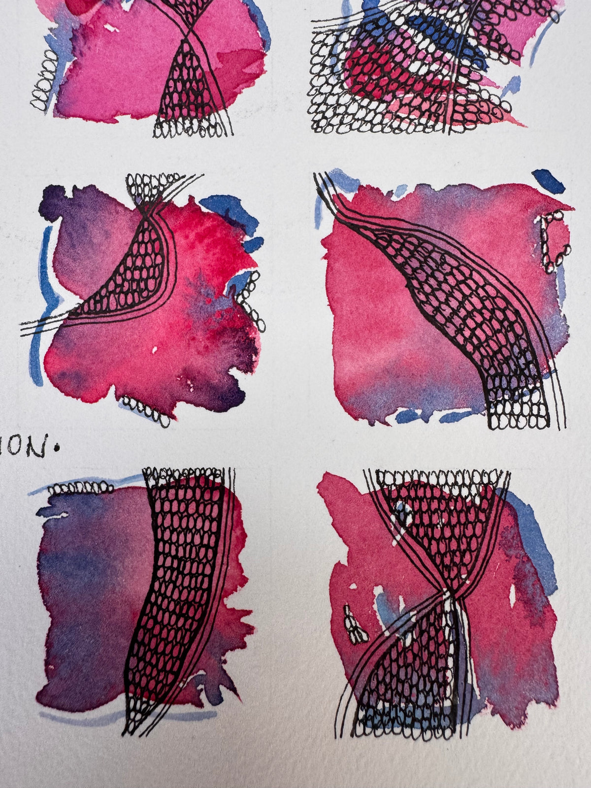 Life In Squares, A4, pink, magenta, purple, blue, watercolour, ink, original, unframed