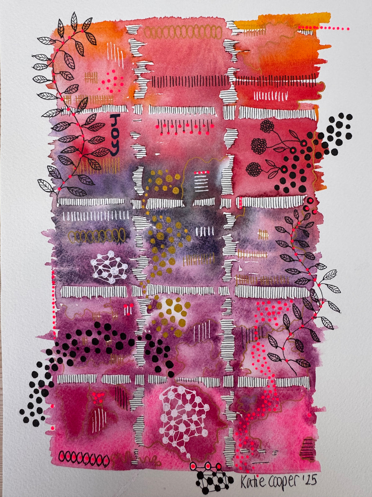 Watercolour painting of fifteen squares in one continuous wash, orange and coral at the top fading through violet to magenta, divided by hatched white bands, with leafy black vines and pink berries climbing the sides, gold and black dots, white network shapes and the word Joy.