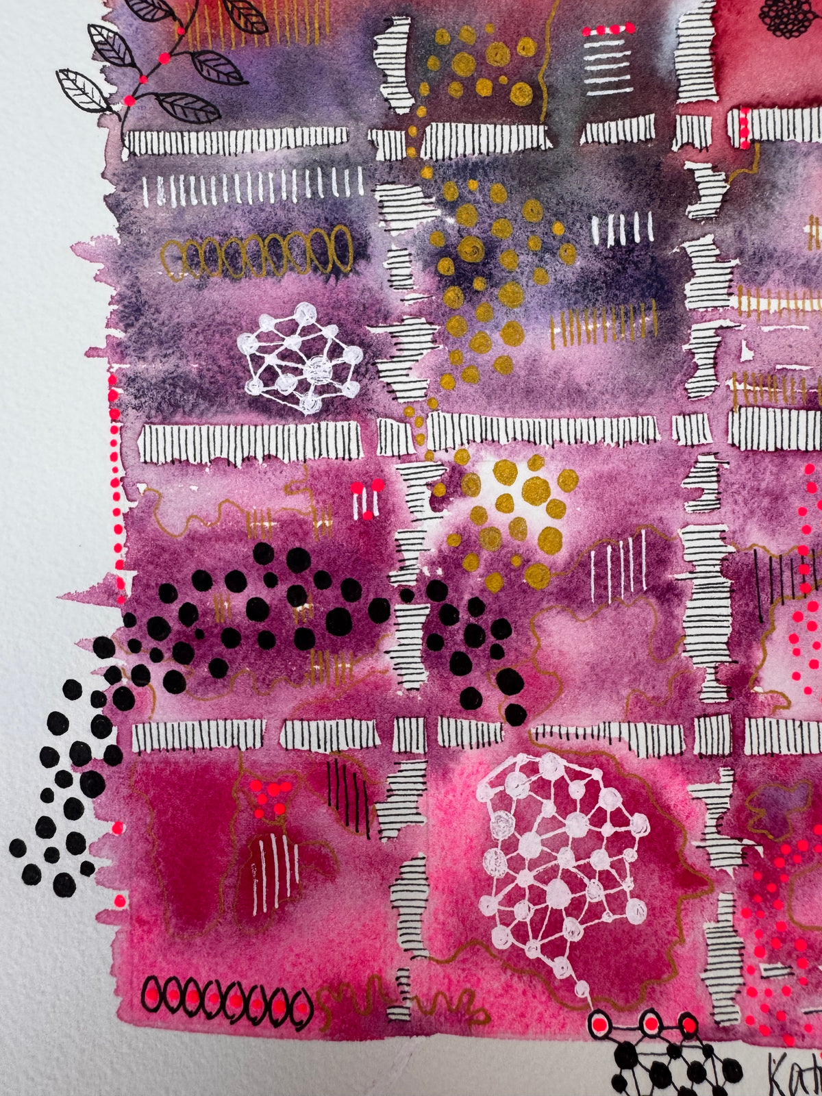 Watercolour painting of fifteen squares in one continuous wash, orange and coral at the top fading through violet to magenta, divided by hatched white bands, with leafy black vines and pink berries climbing the sides, gold and black dots, white network shapes and the word Joy.