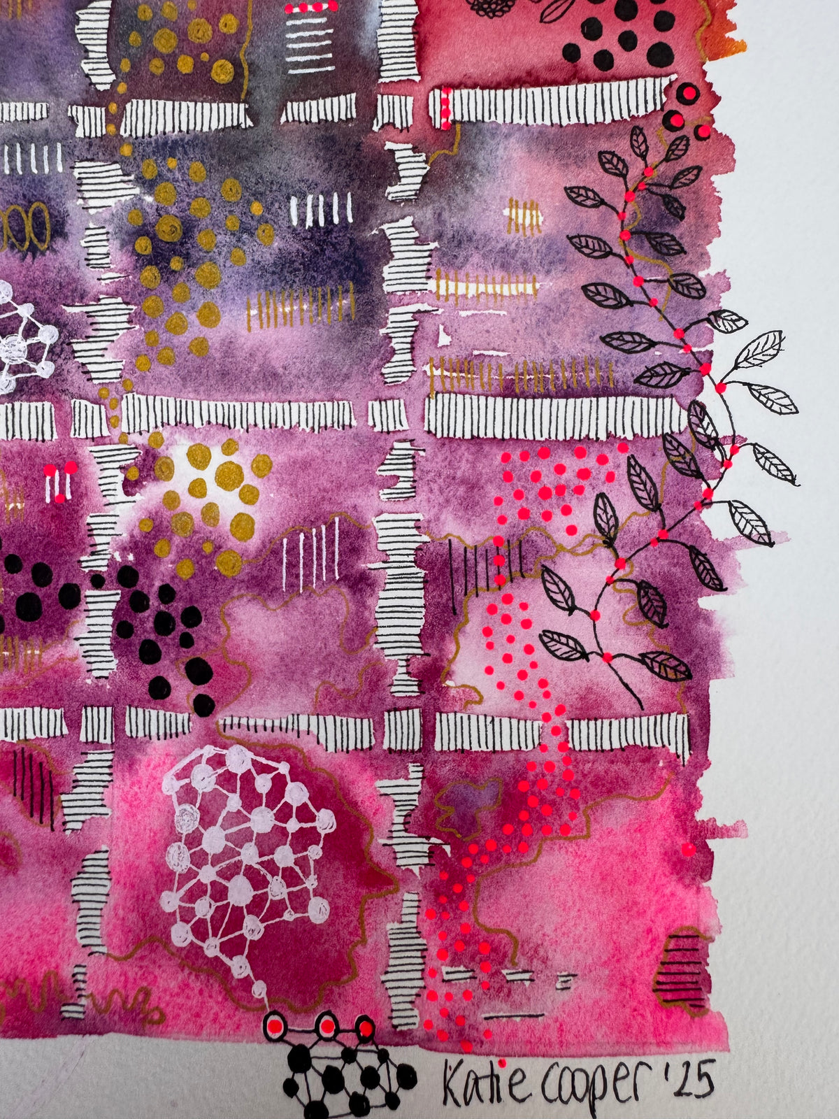 Watercolour painting of fifteen squares in one continuous wash, orange and coral at the top fading through violet to magenta, divided by hatched white bands, with leafy black vines and pink berries climbing the sides, gold and black dots, white network shapes and the word Joy.