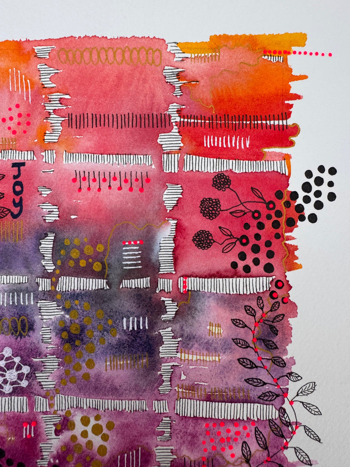 Watercolour painting of fifteen squares in one continuous wash, orange and coral at the top fading through violet to magenta, divided by hatched white bands, with leafy black vines and pink berries climbing the sides, gold and black dots, white network shapes and the word Joy.