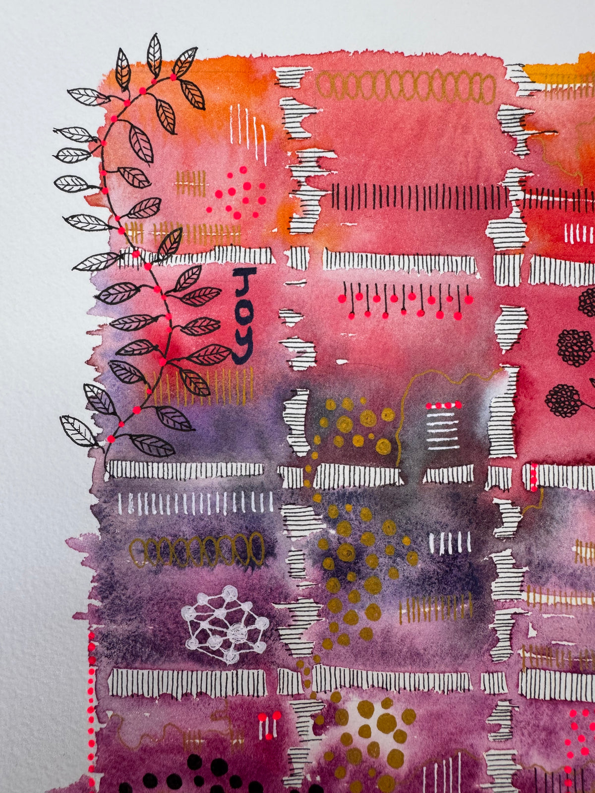 Watercolour painting of fifteen squares in one continuous wash, orange and coral at the top fading through violet to magenta, divided by hatched white bands, with leafy black vines and pink berries climbing the sides, gold and black dots, white network shapes and the word Joy.