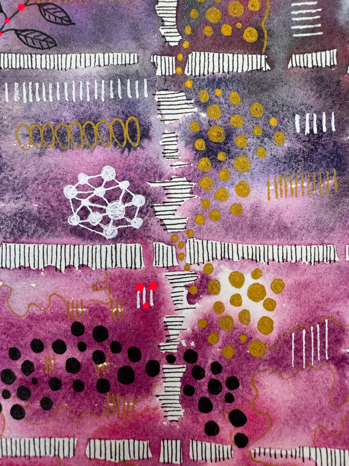 Watercolour painting of fifteen squares in one continuous wash, orange and coral at the top fading through violet to magenta, divided by hatched white bands, with leafy black vines and pink berries climbing the sides, gold and black dots, white network shapes and the word Joy.